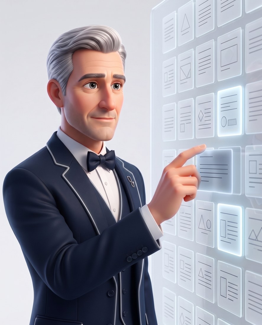 Majordoc, en illustration 3D, range une fiche dans un mur de fiches de verre, comme une bibliothèque de souvenirs.