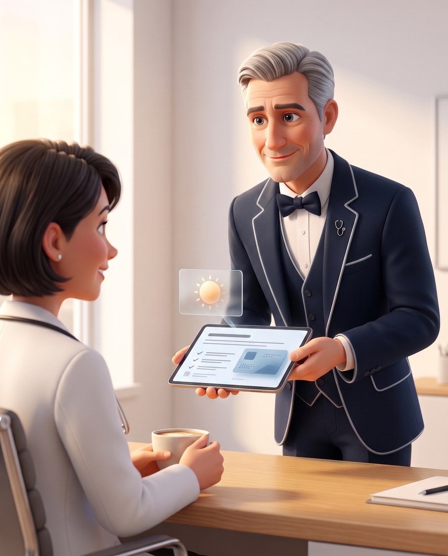 Majordoc, en illustration 3D, présente le point du matin sur une tablette à une médecin qui prend son café.