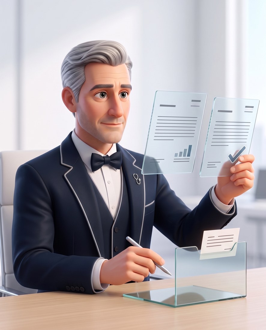 Majordoc, en illustration 3D, compare deux documents de verre et en valide un.