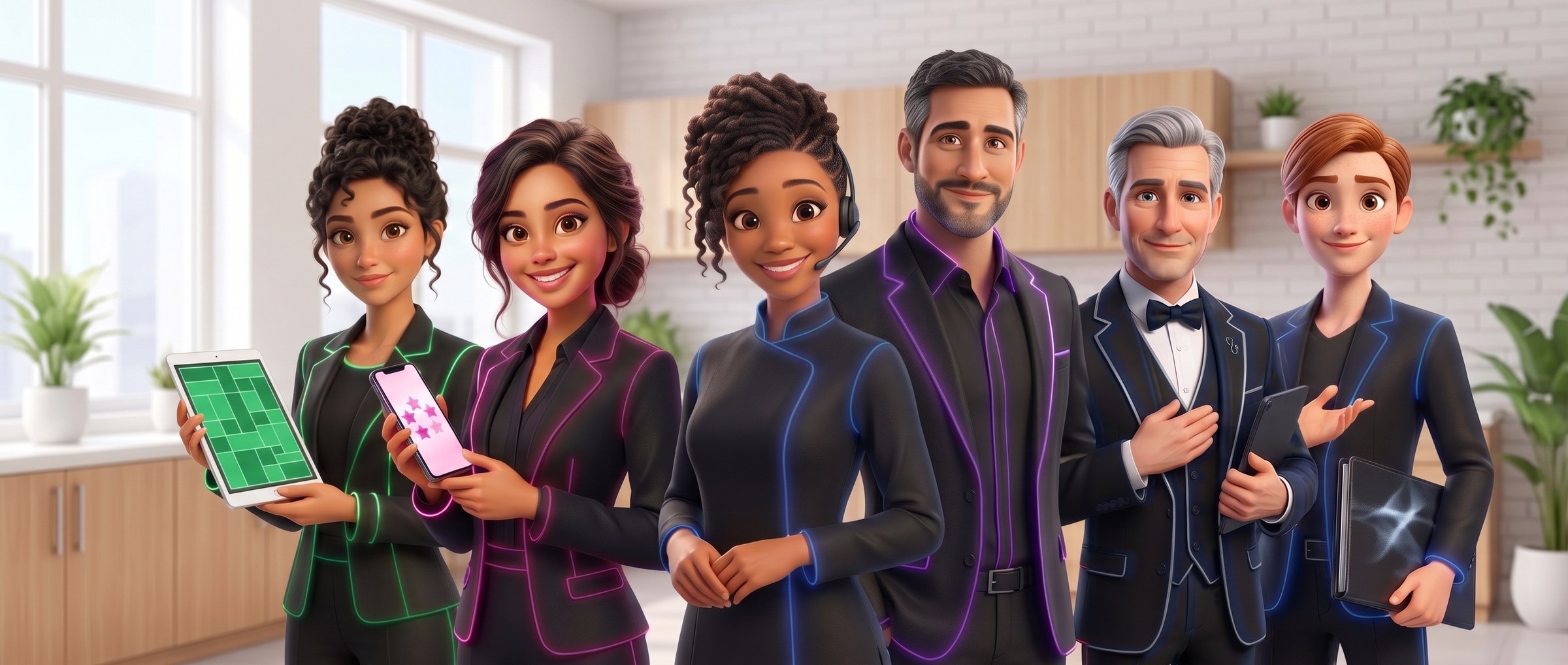 L’équipe SoiAgent en illustration 3D ; Majordoc, tenue bleu nuit à liseré argent, entre Hugo et Alex.