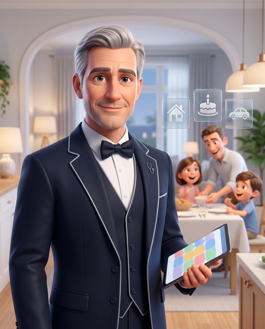 Majordoc, en illustration 3D, dans la cuisine d’une maison, tablette en main ; derrière lui, une famille met la table.