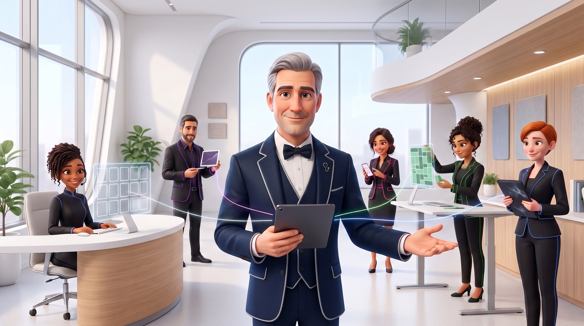 En illustration 3D, Majordoc au centre ; autour de lui Zuri, Hugo, Nova, Flora et Alex, chacun à son poste, et un fil de la couleur de chacun remonte jusqu’à sa tablette.